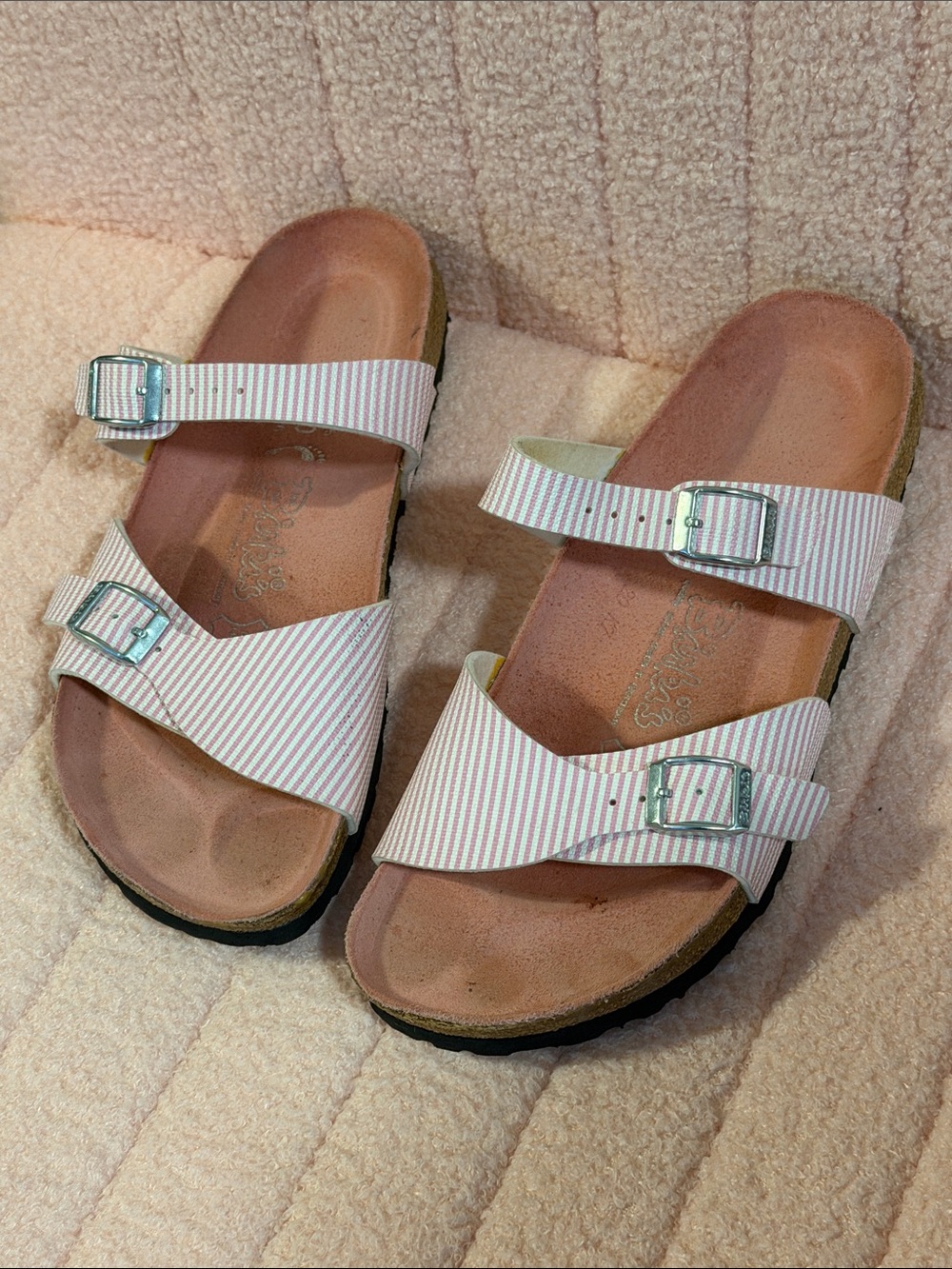 Birkenstock Birkis Sandals Pink Striped Leather Sandals Size 8